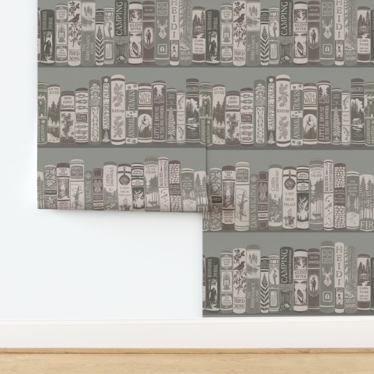 Rustic Monochrome Books Woods Reading Gray Green Classic Literature Custom Removable Wallpaper by Spoonflower Peel & Stick Wallpaper 2FT Wide
